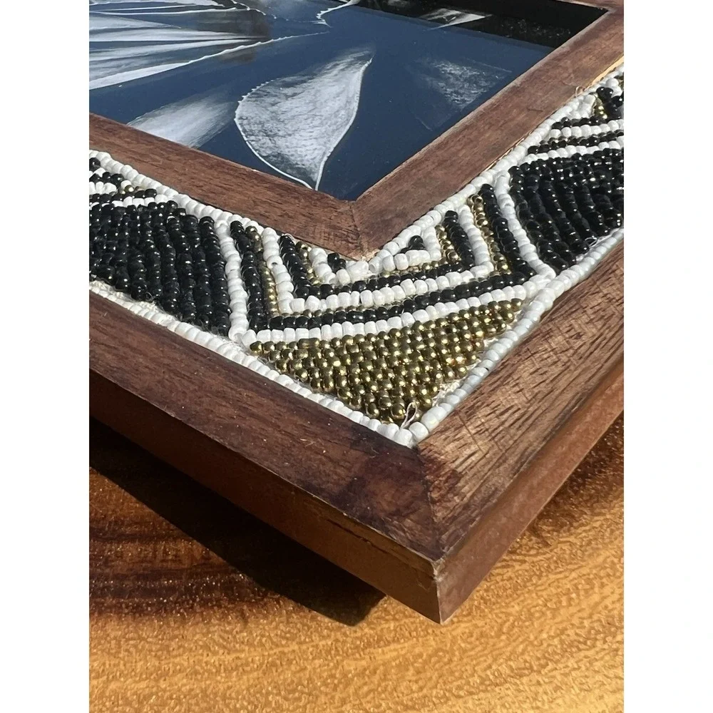 World Market Wood Beaded 4x6 Picture Frame Black White Gold Tribal Boho Decor